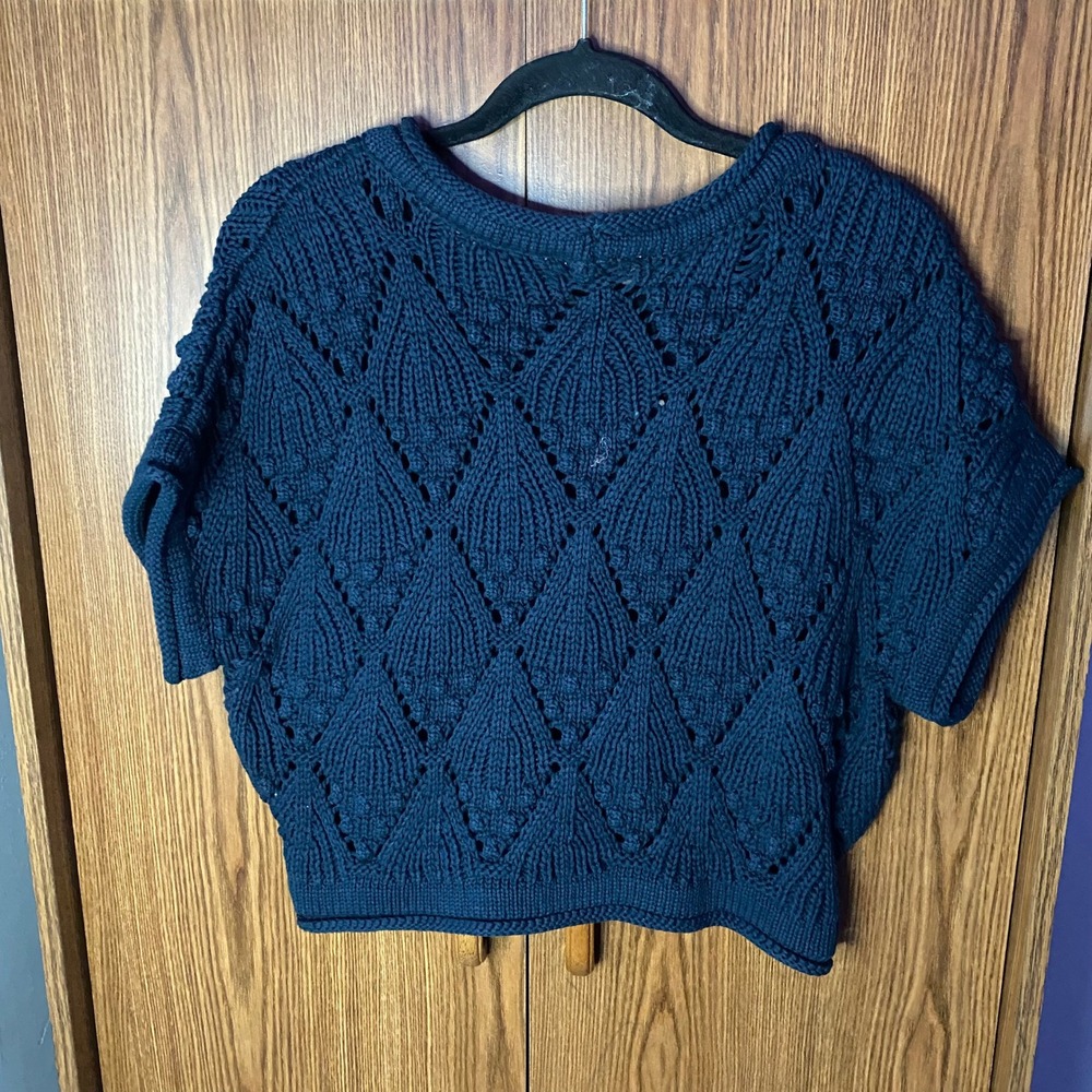 Ophelia Roe Sweater Womens Medium Navy Blue Pointelle Knit Short Sleeve Cropped